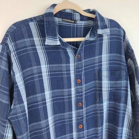 Product Think Tank Mens L Indigo Blue Plaid Flannel Sustainable Work Shirt Chore - Picture 3 of 10